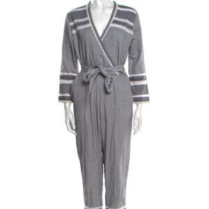 Dodo Bar Or Printed V-Neck Jumpsuit Black Crochet Trim 3/4 Sleeve